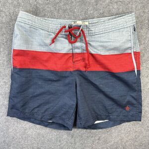 Original Penguin Swim Trunks Mens 32 Blue Red Colorblock Mesh Lined Drawstring